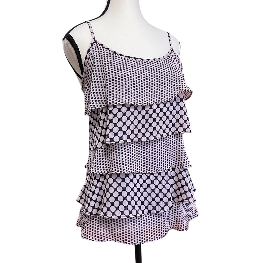 New York & Company Sheer Tiered Polka Dot Babydoll Cami Tank Top Pink Black XS* - Picture 2 of 6
